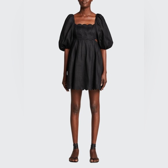 Zimmerman Mae  Cut Out Linen Puff Sleeve Mini Dress Black Scalloped NWOT SZ 6 - Picture 1 of 12